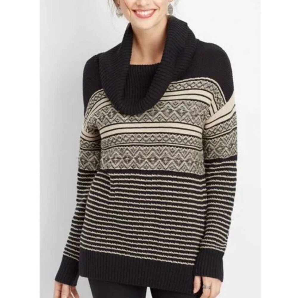 Maurices XS Cowl Neck Sweater Black Cream Fair Isle Geometric Tunic